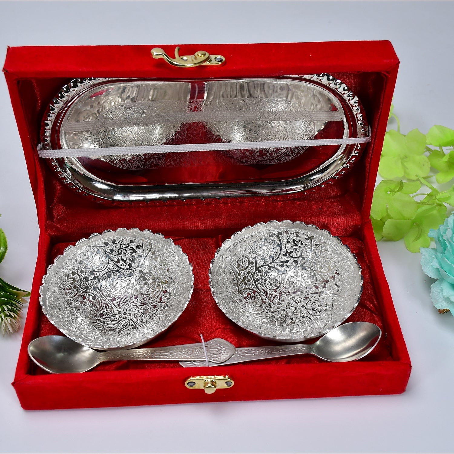 2947A Silver Plated 2 Bowl 2 Spoon Tray Set Brass with Red Velvet Gift Box Serving Dry Fruits Desserts Gift DeoDap 2947A Silver Plated 2 Bowl 2 Spoon Tray Set Brass with Red Velvet Gift Box Serving Dry Fruits Desserts Gift DeoDap